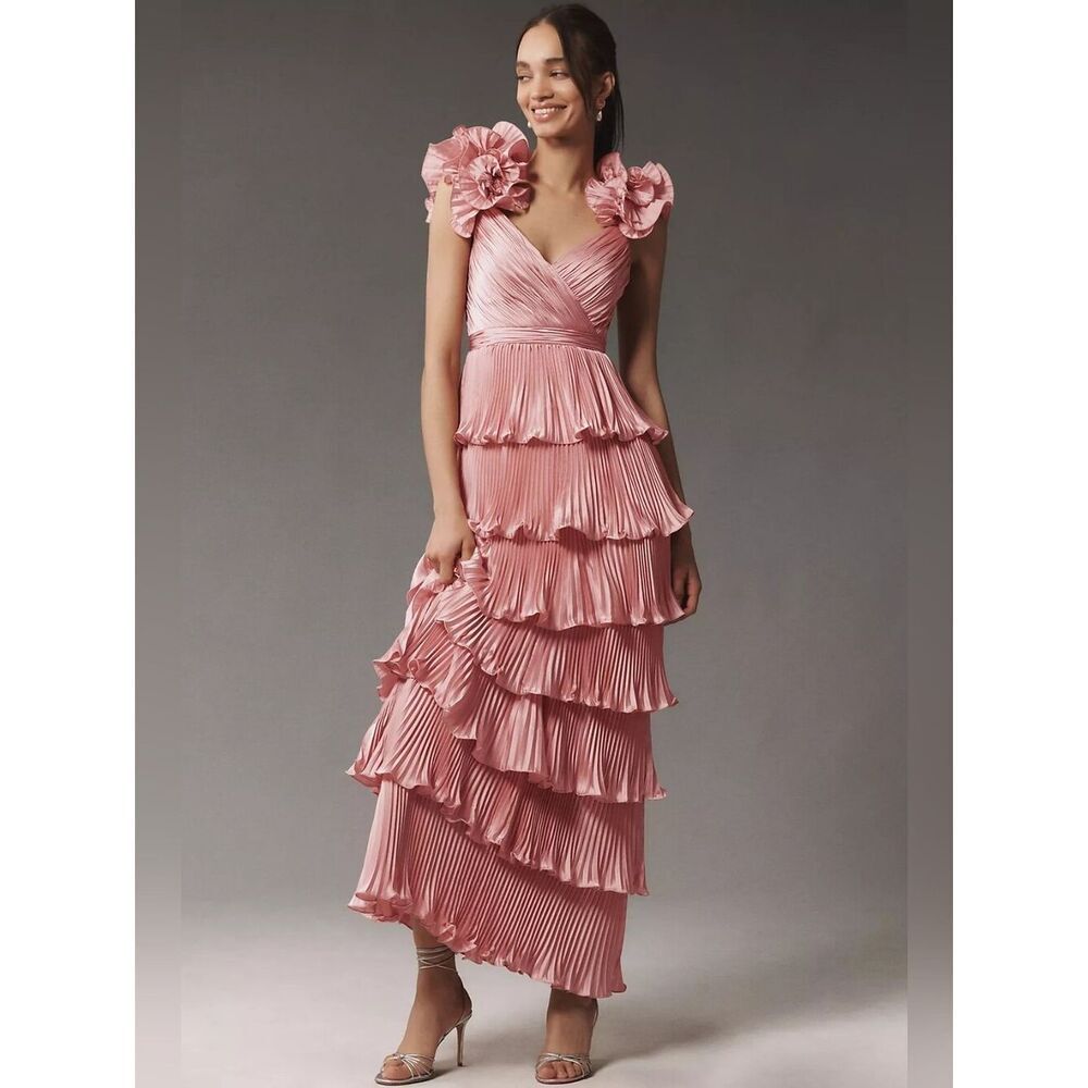 NWT Mac Duggal 49983 Pink Pleated Charmeuse Tiered Gown With Ruffle Straps 10